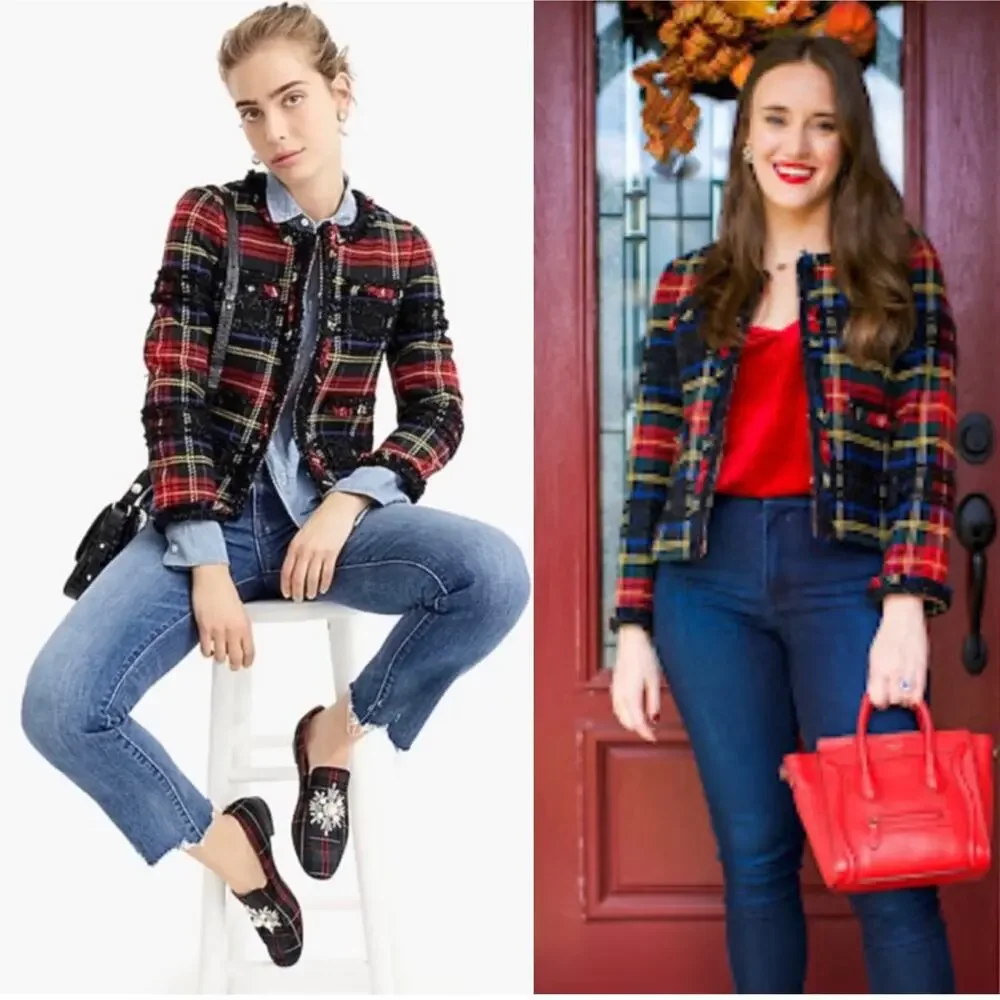 J. Crew Stewart Plaid Tartan Lady Jacket Red Blazer Preppy Work Classic Size  2